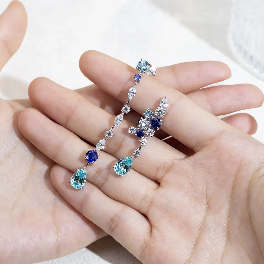 Customized 18K White Gold Lab Diamond & Sapphire Earrings 2