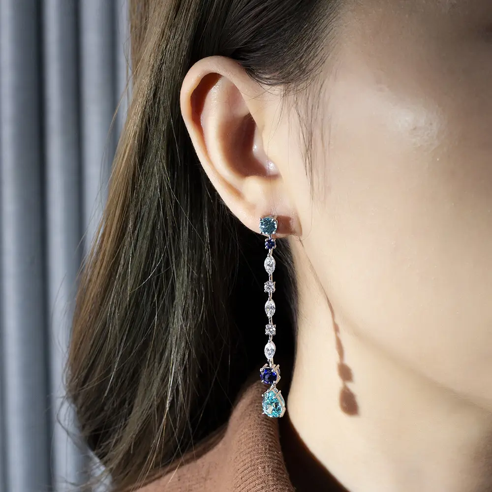 Customized 18K White Gold Lab Diamond & Sapphire Earrings 4