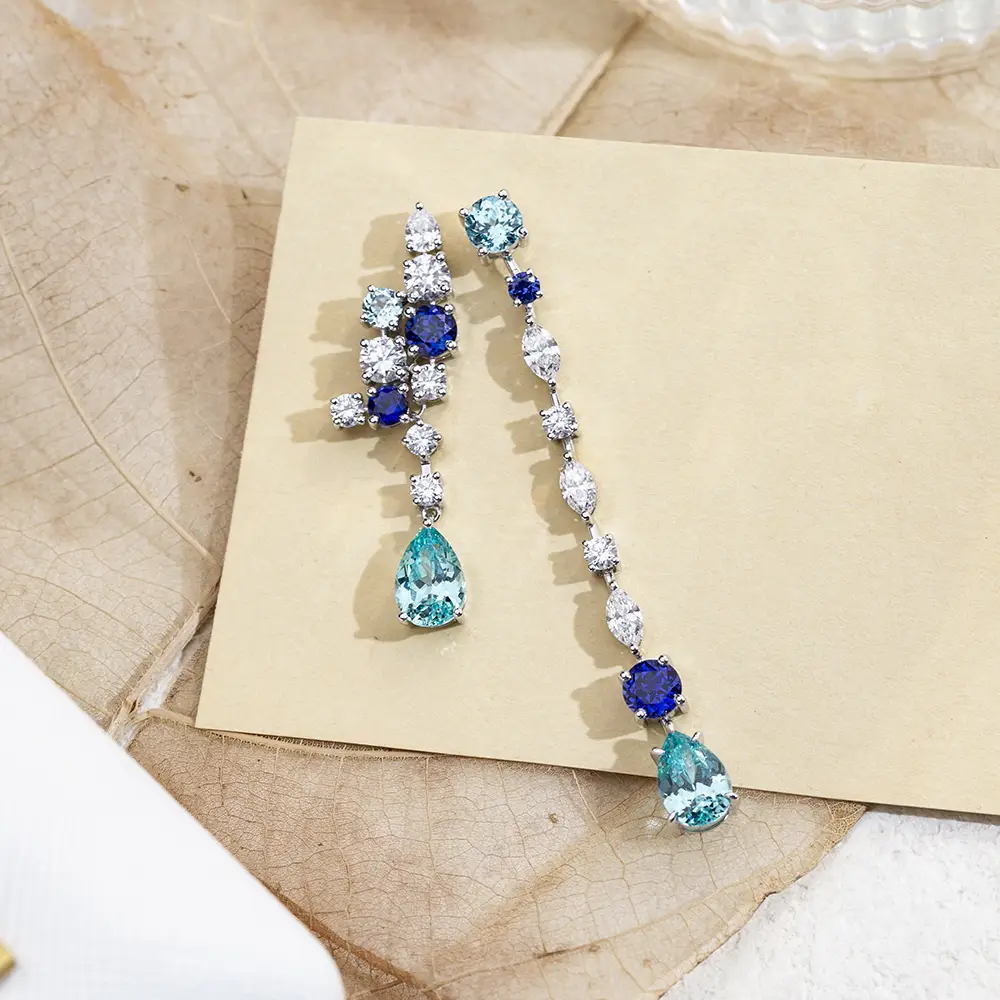 Customized 18K White Gold Lab Diamond & Sapphire Earrings 7