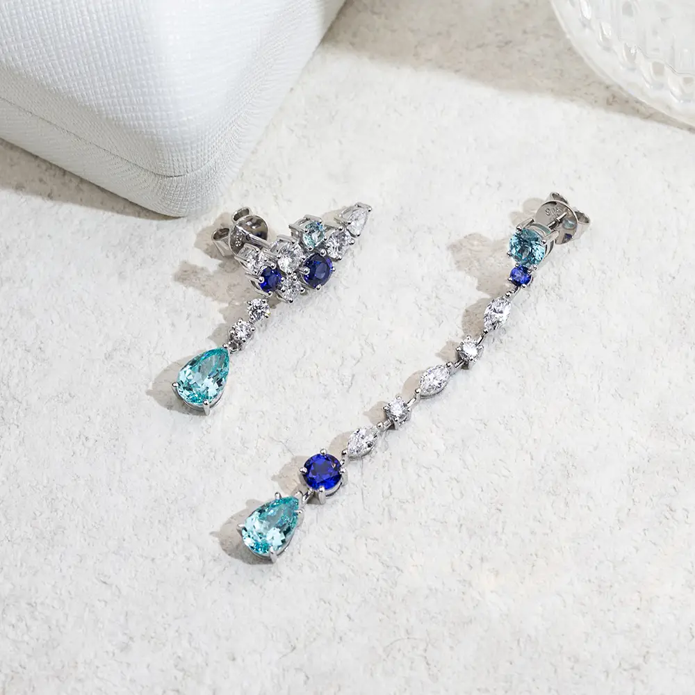 Customized 18K White Gold Lab Diamond & Sapphire Earrings 5