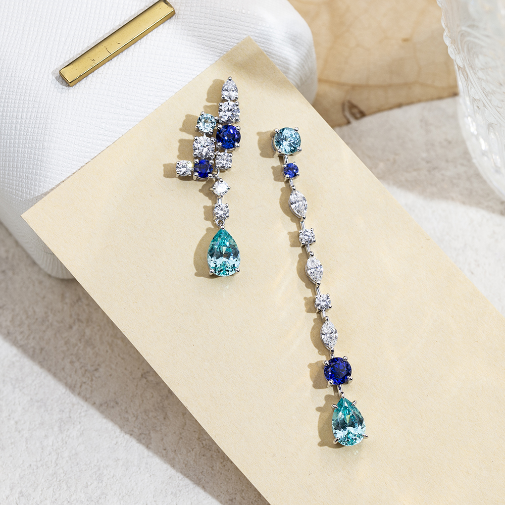 Messi Jewelry MSE-783 Lab Diamond Lab Sapphire Pear Cut 18K White Gold Earring Customized Jewelry 13