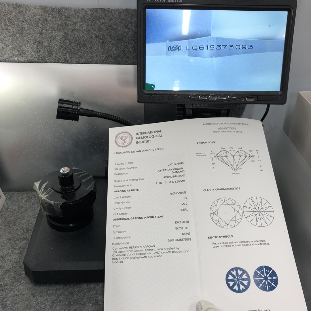 Messi Jewelry Lab Diamond IGI CVD Round cut LG615373093 5.00CT G VS2 ID EX EX 11