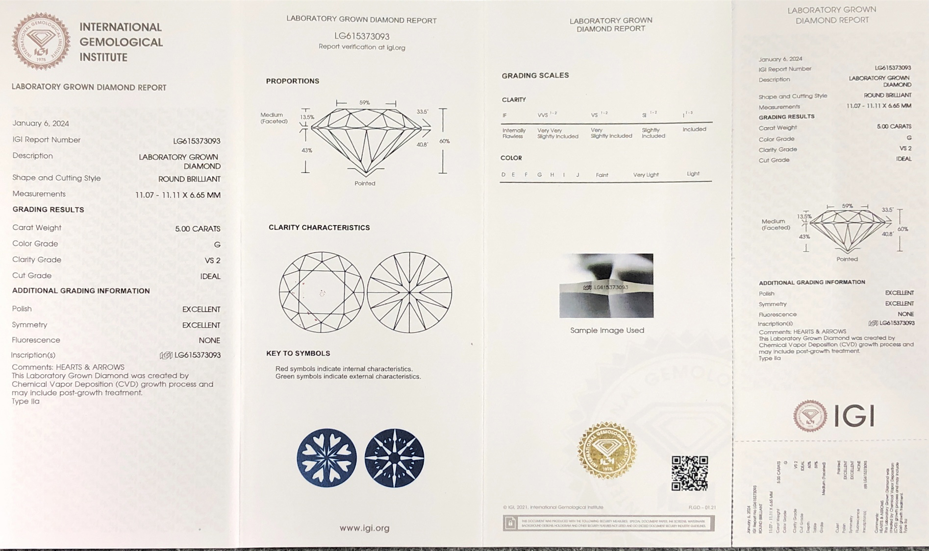 Messi Jewelry Lab Diamond IGI CVD Round cut LG615373093 5.00CT G VS2 ID EX EX 7