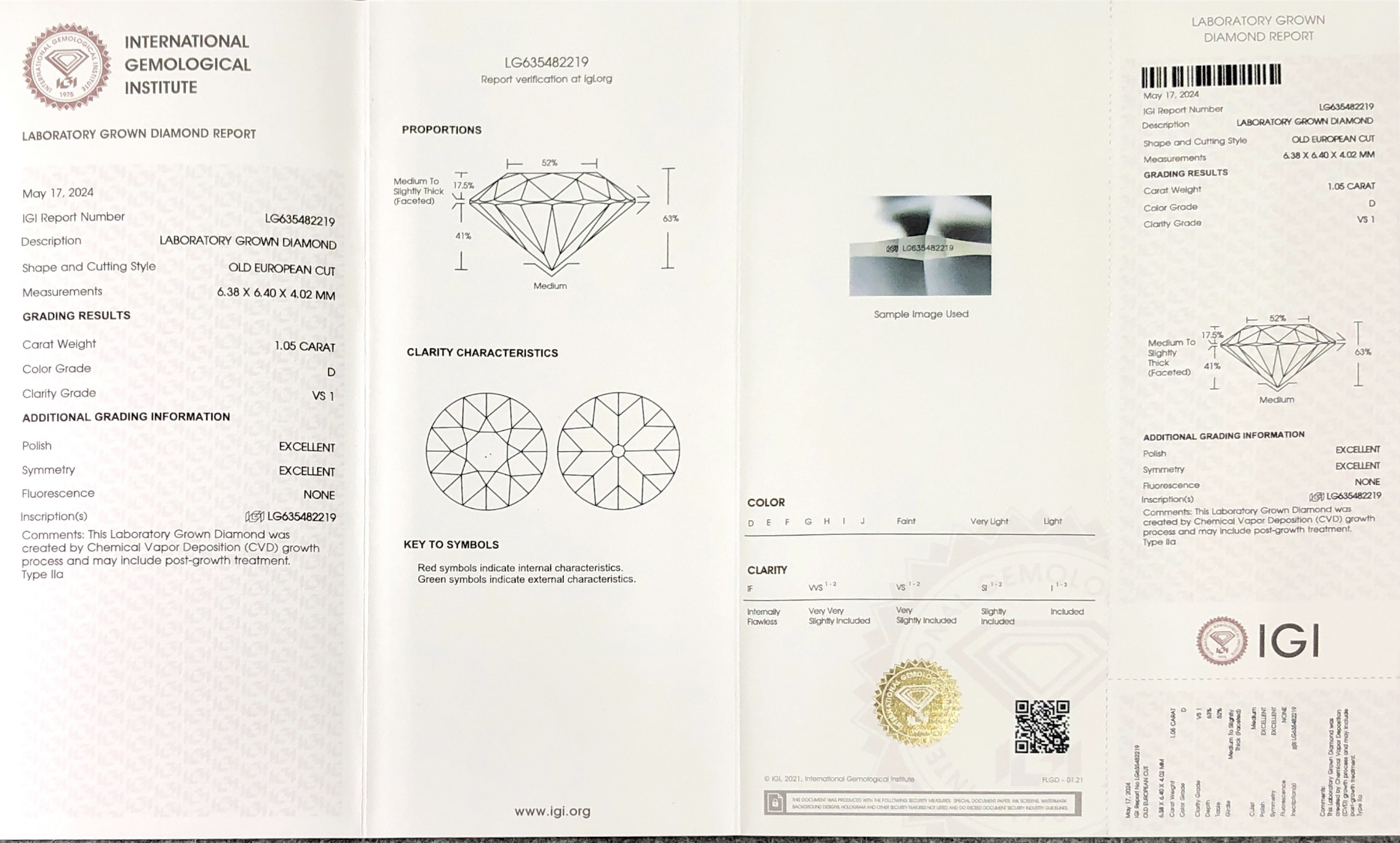 Messi Jewelry CVD Lab Diamond LG635482219 OLD EUROPEAN CUT 1.05CT D VS1 EX EX 7