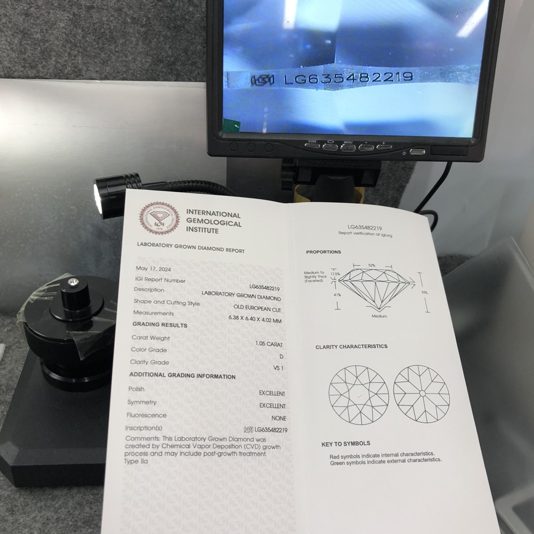 Messi Jewelry CVD Lab Diamond  LG635482219 OLD EUROPEAN CUT 1.05CT  D  VS1  EX EX 11