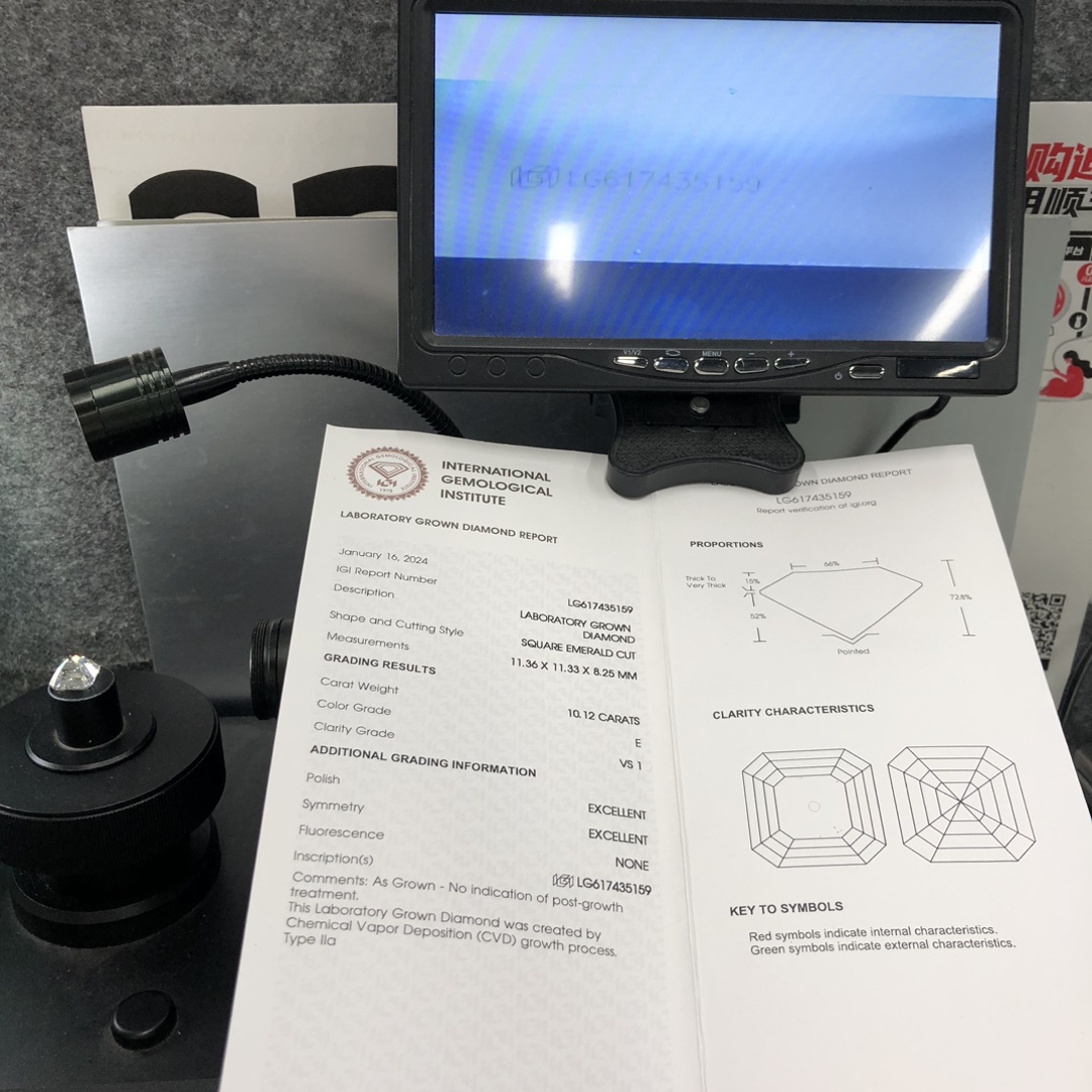 Messi Alahas Lab Diamond SQUARE EMERALD CUT10.12CT E VS1 EX EX CVD LG617435159 11