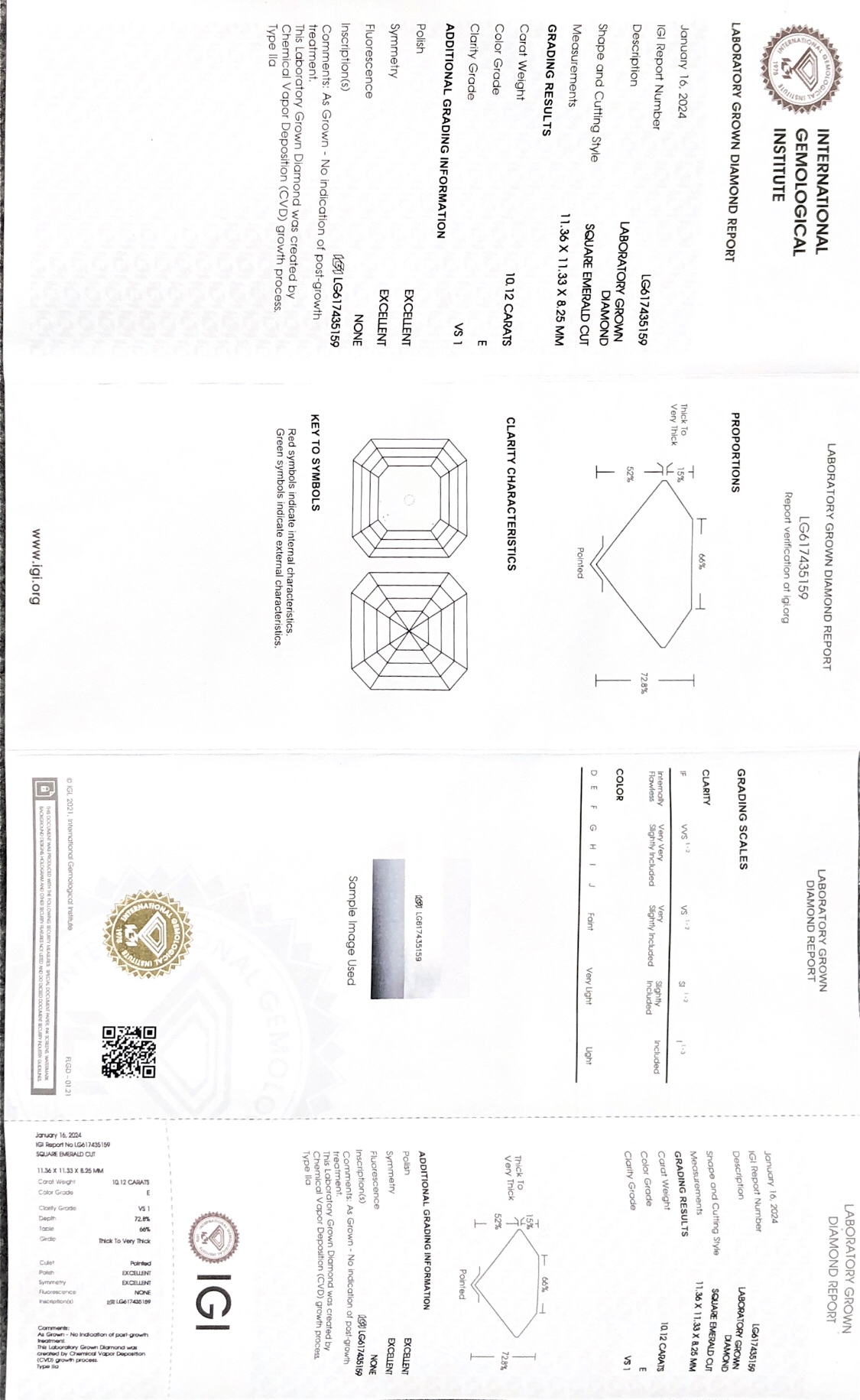 Messi Alahas Lab Diamond SQUARE EMERALD CUT10.12CT E VS1 EX EX CVD LG617435159 7