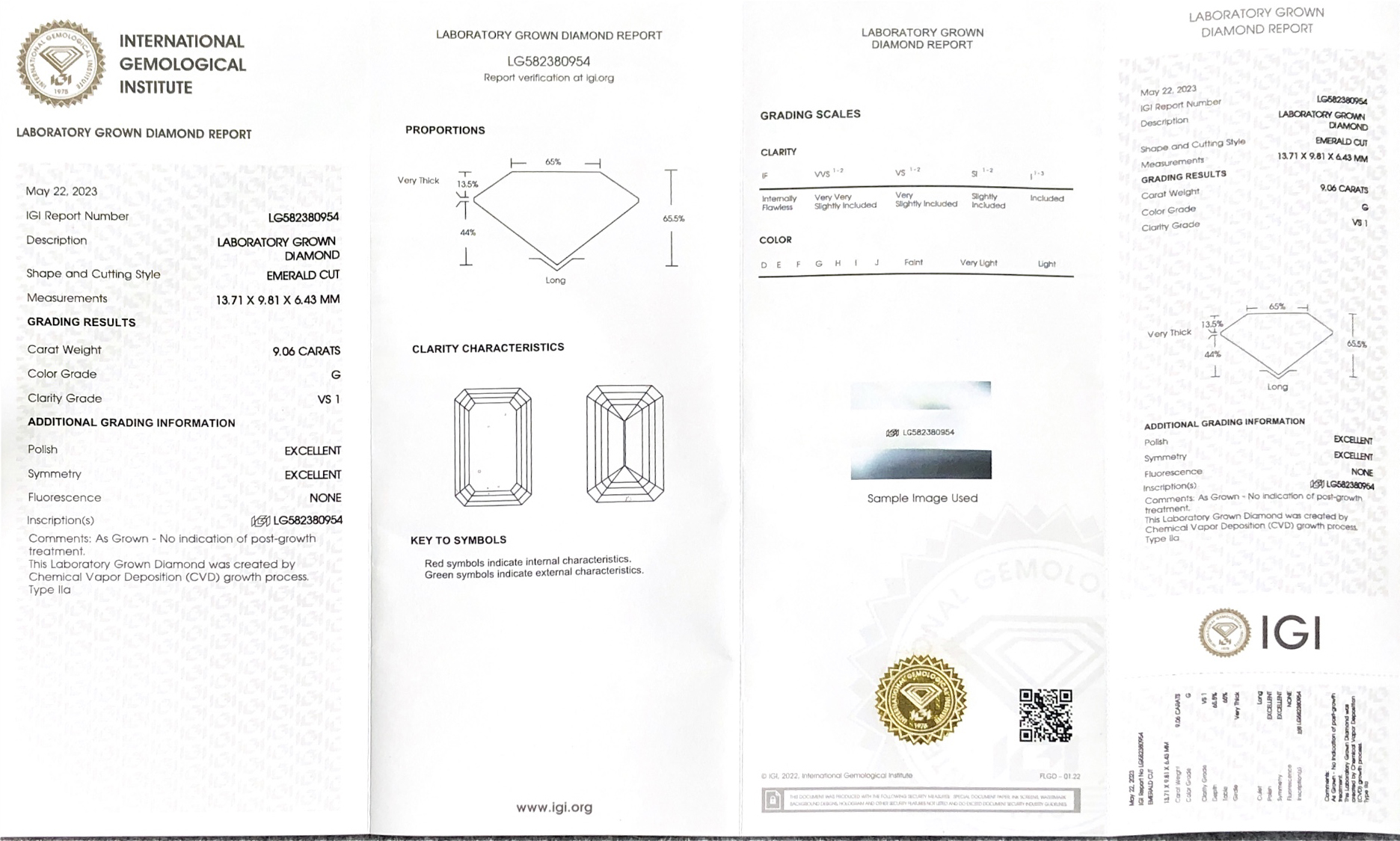Messi Jewlery Lab Diamond Emerald CVD 9.06CT G VS1 LG582380954 EX EX 7