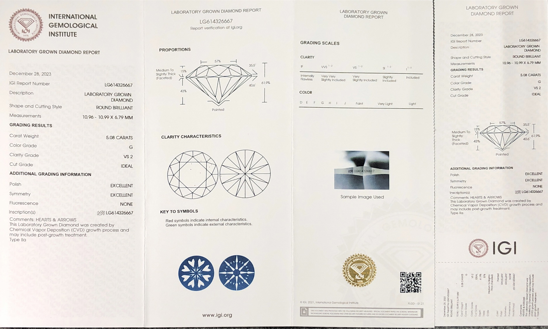 Messi Alahas Lab Diamond CVD Round IGI LG614326667 5.08CT G VS2 ID EX EX 7
