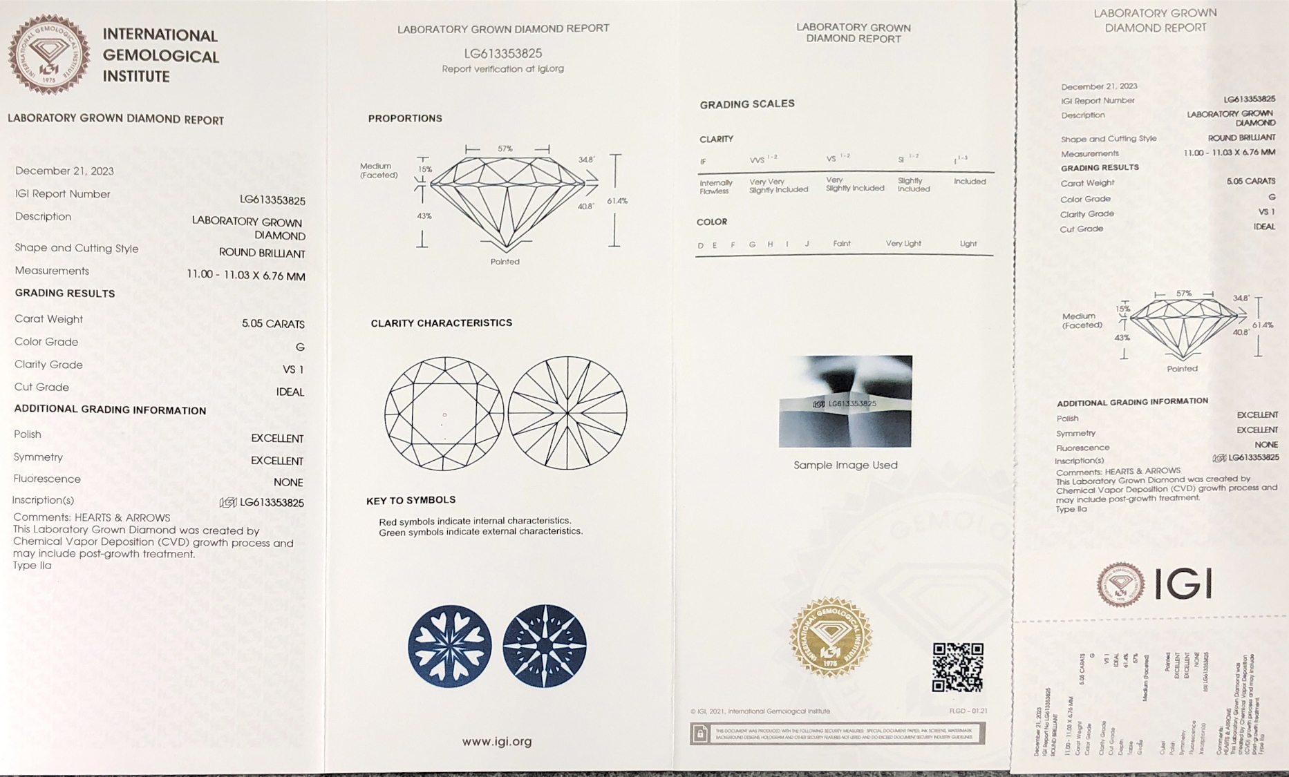 Messi Alahas Lab Diamond CVD Round Cut LG613353825 5.05CT G VS1 ID EX EX 7