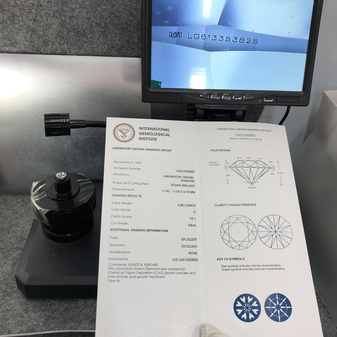 Messi Alahas Lab Diamond CVD Round Cut LG613353825 5.05CT G VS1 ID EX EX 11