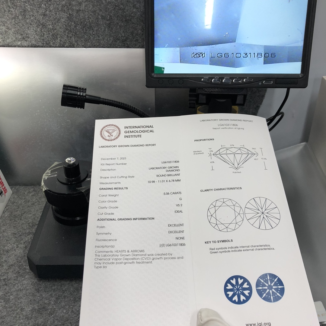 Messi Jewlery Lab Diamond CVD Round Brilliant LG610311806 5.06CT G VS2 12