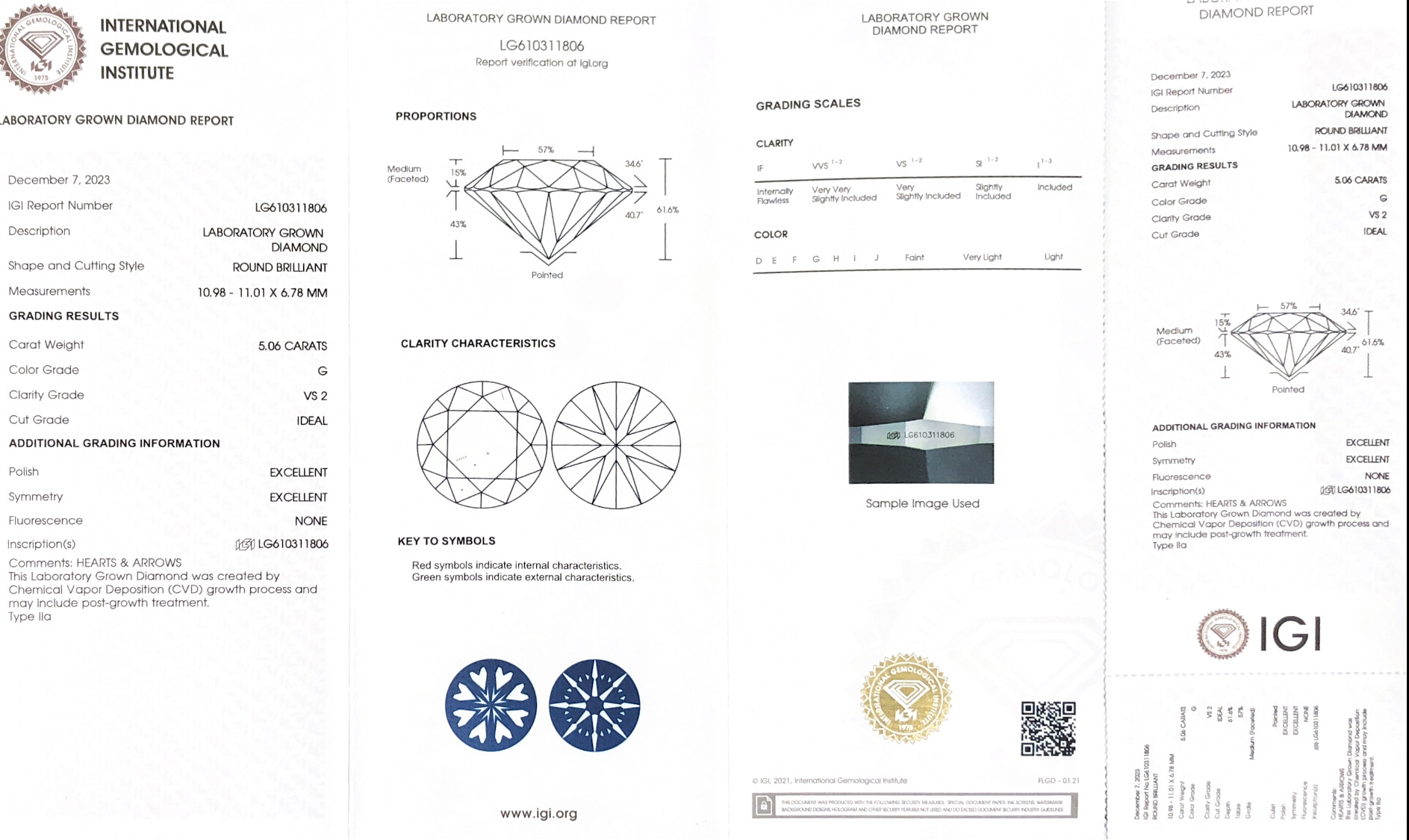 Messi Jewlery Lab Diamond CVD Round Brilliant LG610311806 5.06CT G VS2 8