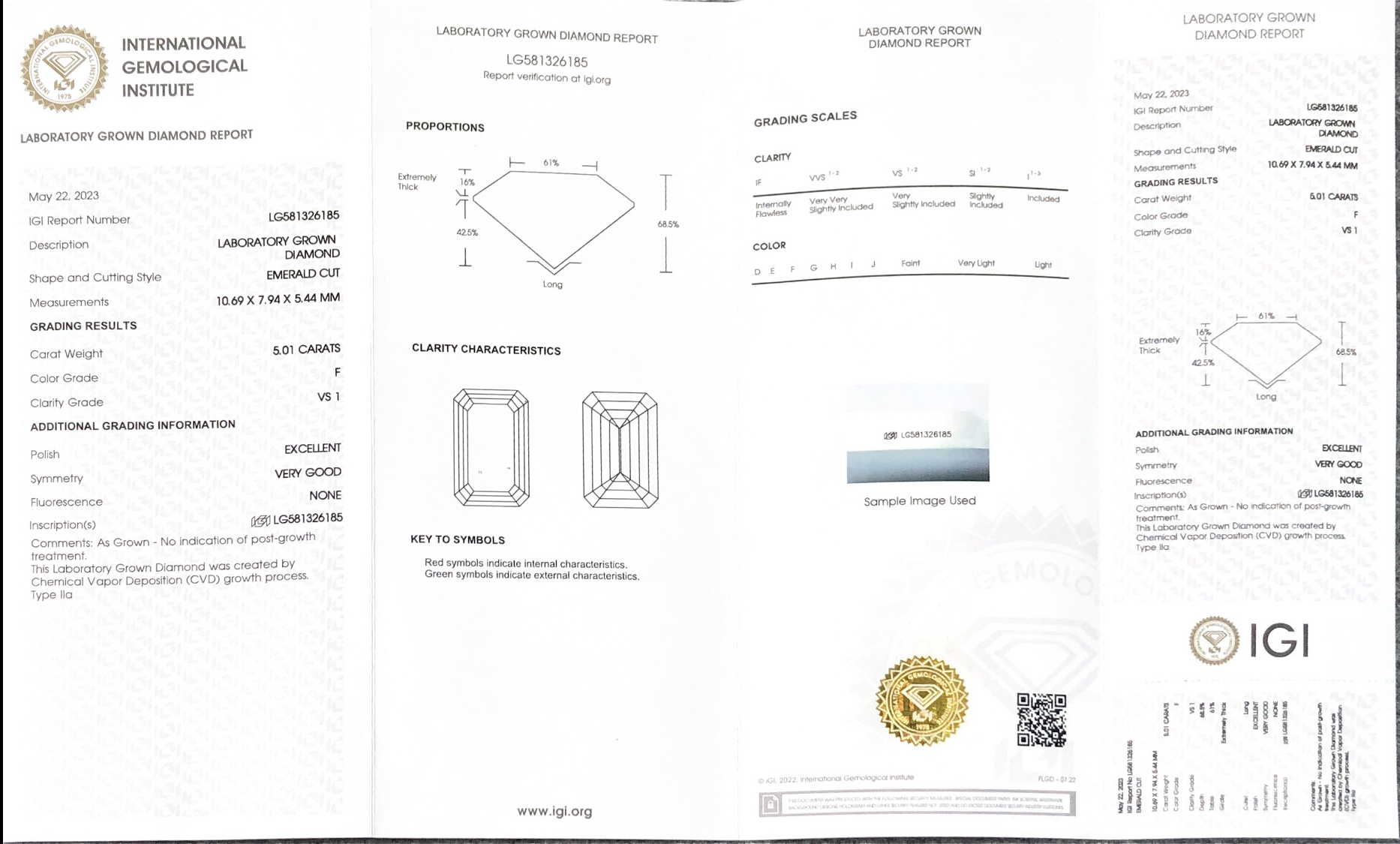 Emerald Shape 5.01carat F VS1 EX VG CVD Lab Diamond LG581326185 7