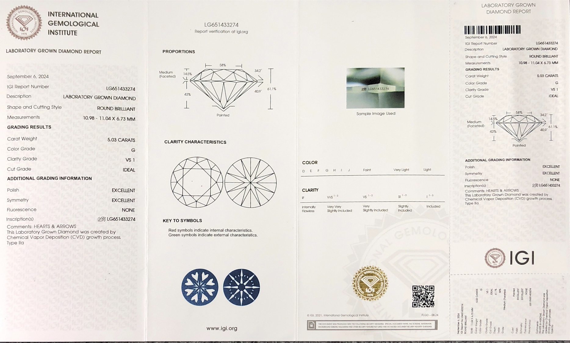 IGI Lab Diamond Round 5.03CT G VS1 ID EX EX CVD LG651433274 7