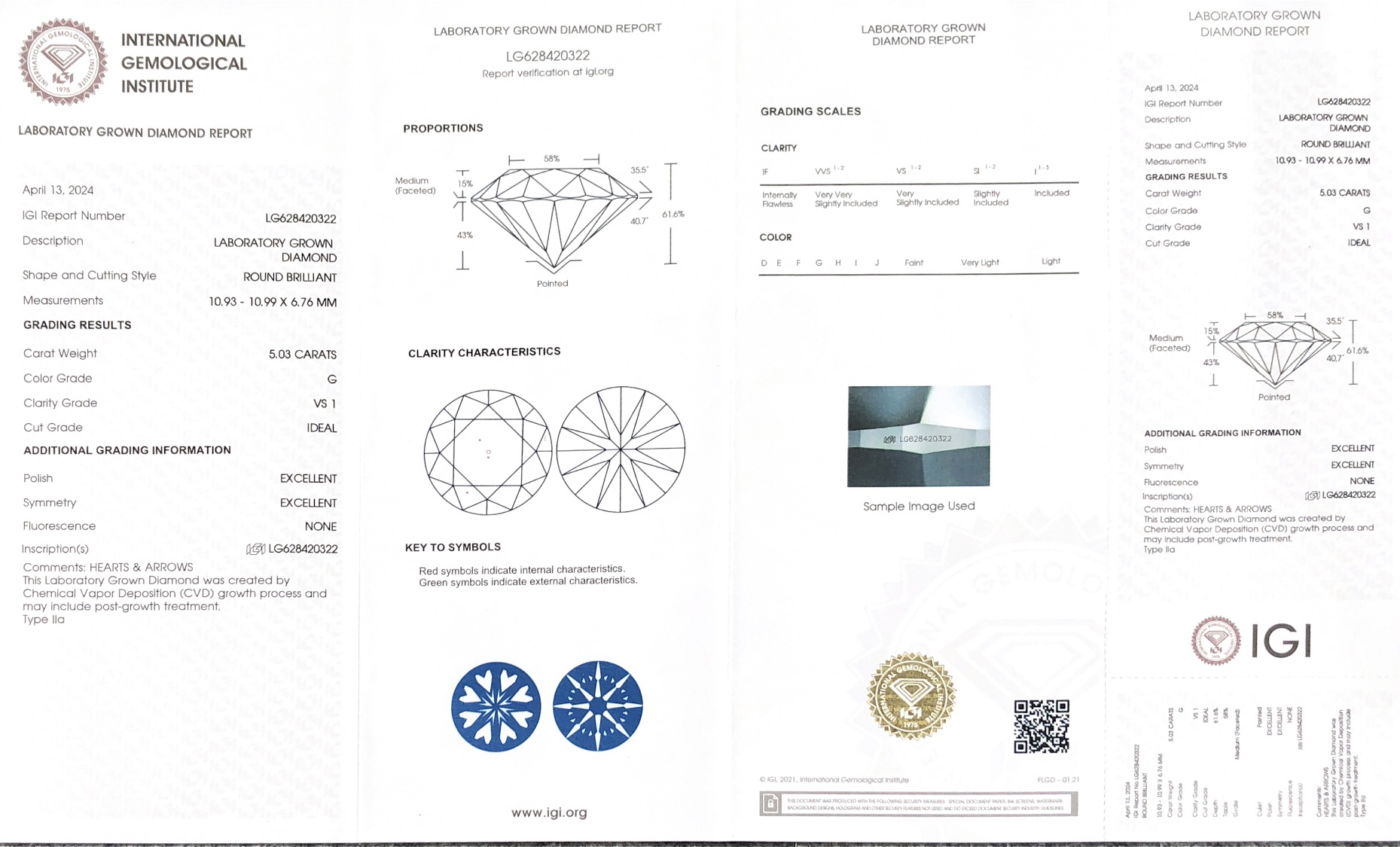 Kalidad IGI Lab Diamond Round 5.03CT G VS1 ID EX EX CVD LG628420322 Manufacturer | Messi Alahas 8