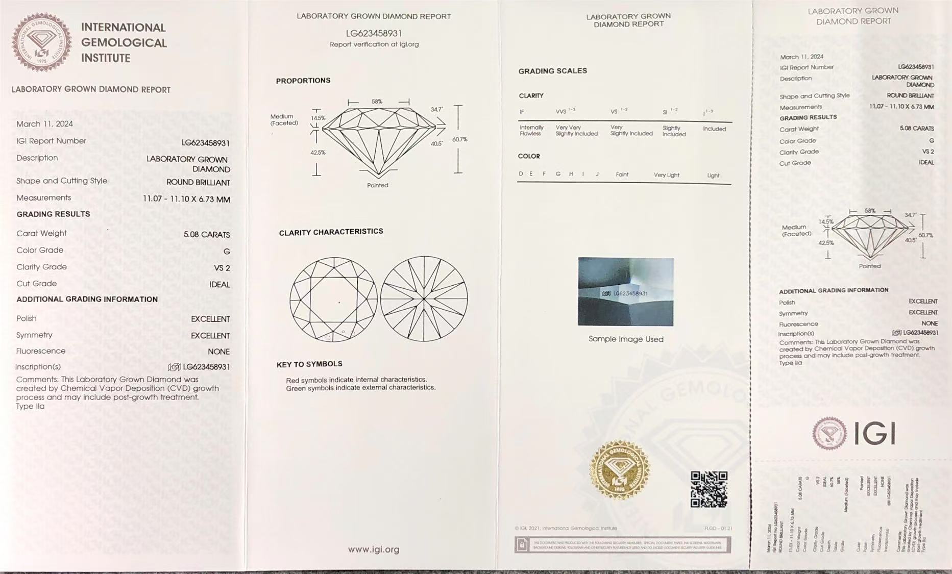 IGI Lab Diamond Roud CVD LG623458931 5.08CT G VS2 ID EX EX 8