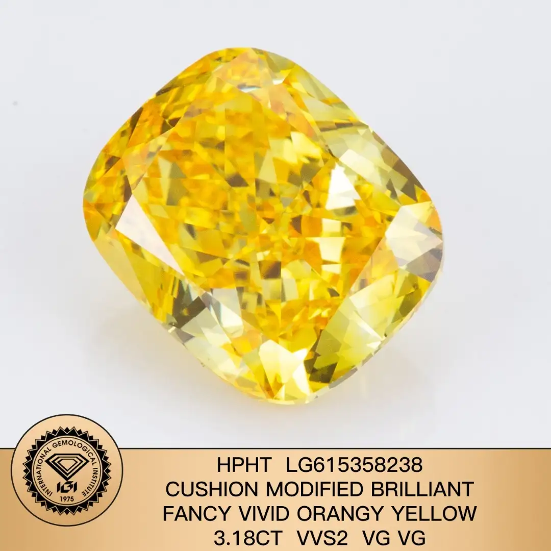 Fancy Vivid Orangy Yellow Cushion 3.18Carat VVS2 VG VG Lab Diamante coltivato con certificato IGI LG615358238 1