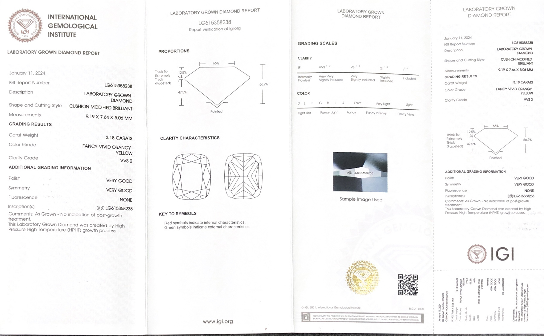 Fancy Vivid Orangy Yellow Cushion 3.18carat VVS2 VG VG Lab Grown Diamond nga adunay IGI Certificate LG615358238 8