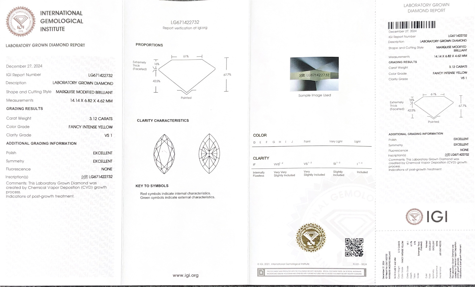 Fancy Intense Yellow Marquise 3.12carat VS1 EX EX Lab Grown Diamond with IGI Certificate LG671422732 9
