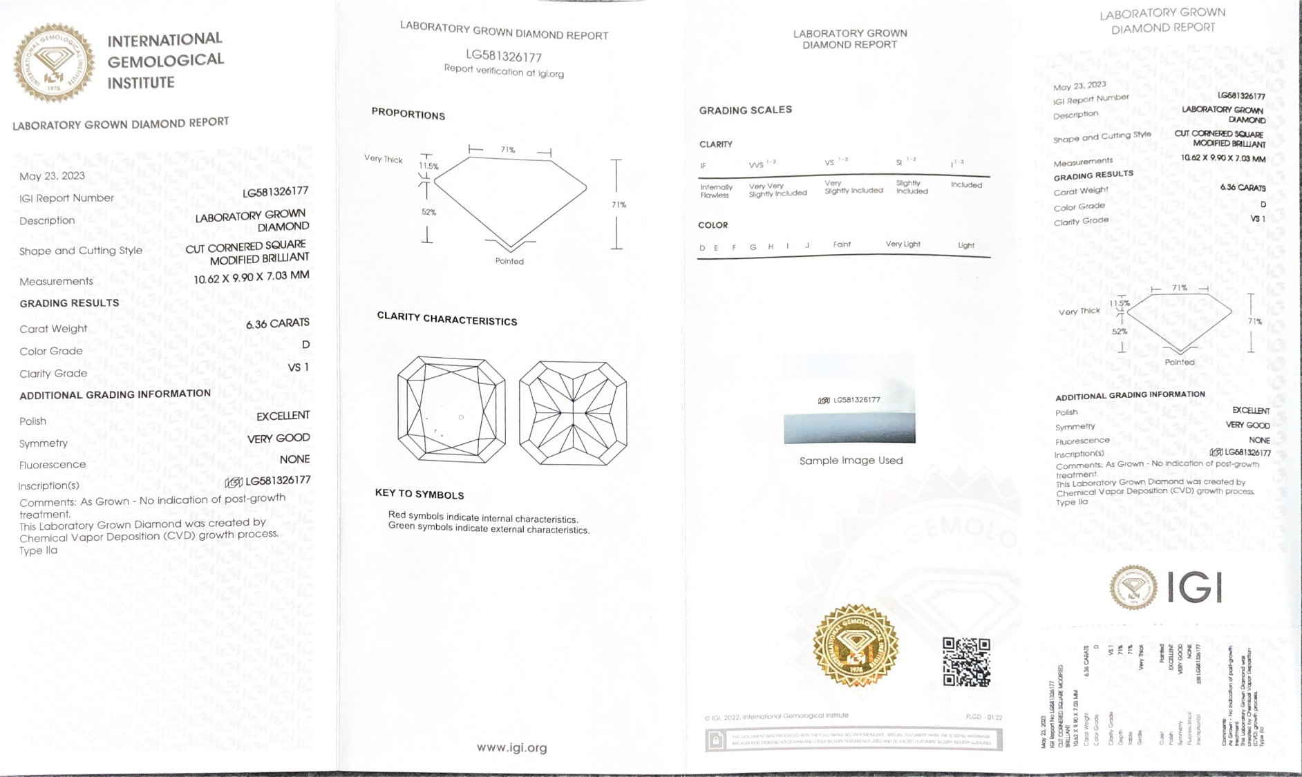 Square Cushion Modified Brilliant 6.36carat D VS1 EX VG CVD Lab Diamond LG581326177 8