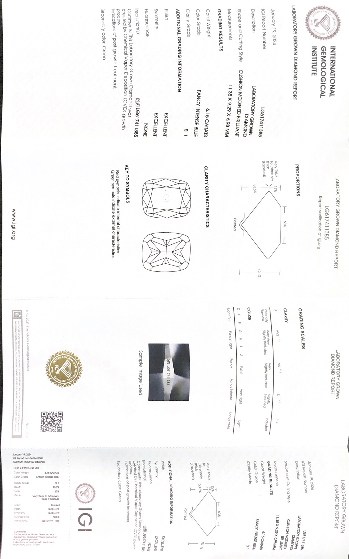 Messi Jewelry Lab Diamond CUSHION MODIFIED BRILLIANT FANCY INTENSE BLUE 6.15CT SI1 CVD LG617411385 5