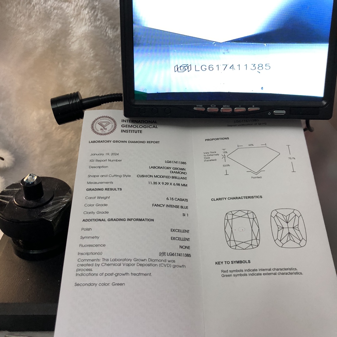 Messi Jewelry Lab Diamond CUSHION MODIFIED BRILLIANT FANCY INTENSE BLUE 6.15CT SI1 CVD LG617411385 9