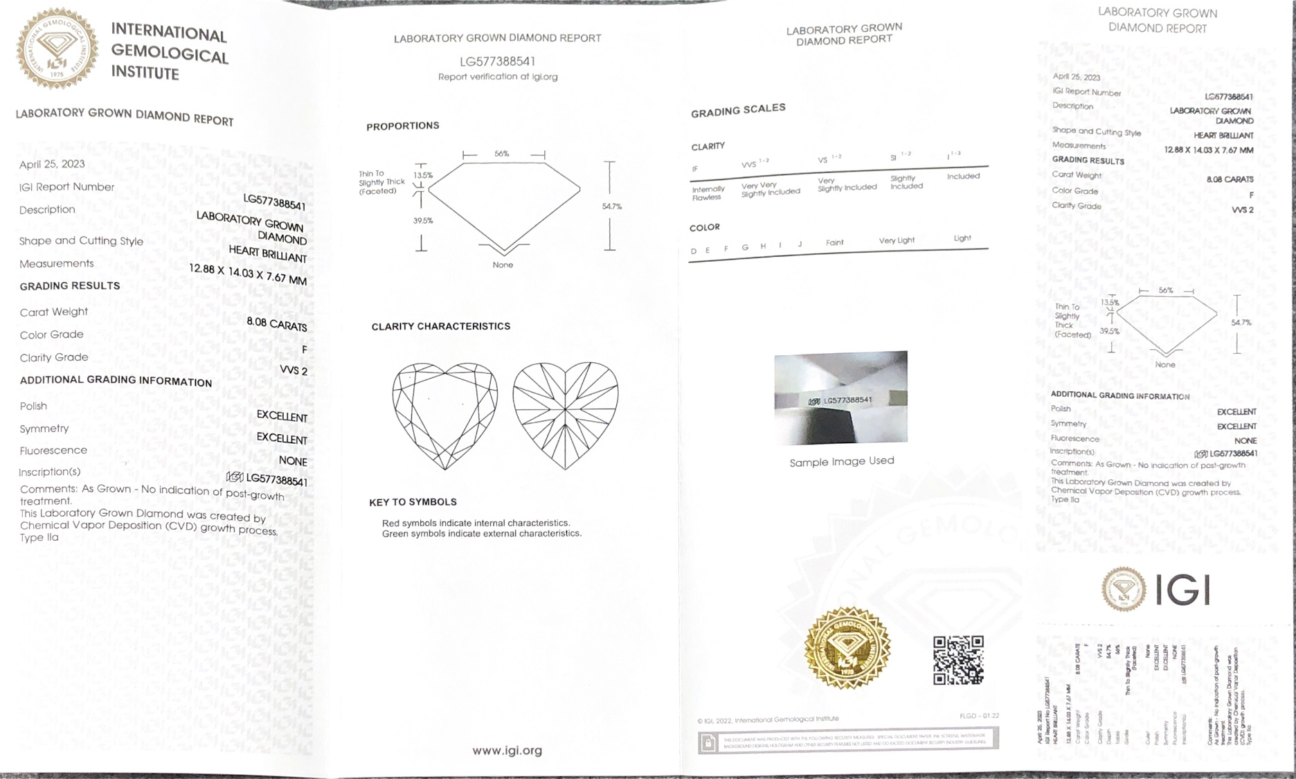 CVD Lab Grown Diamond Heart 8.08CT F VVS2 EX EX For Jewelry LG577388541 | Messi Jewelry 7