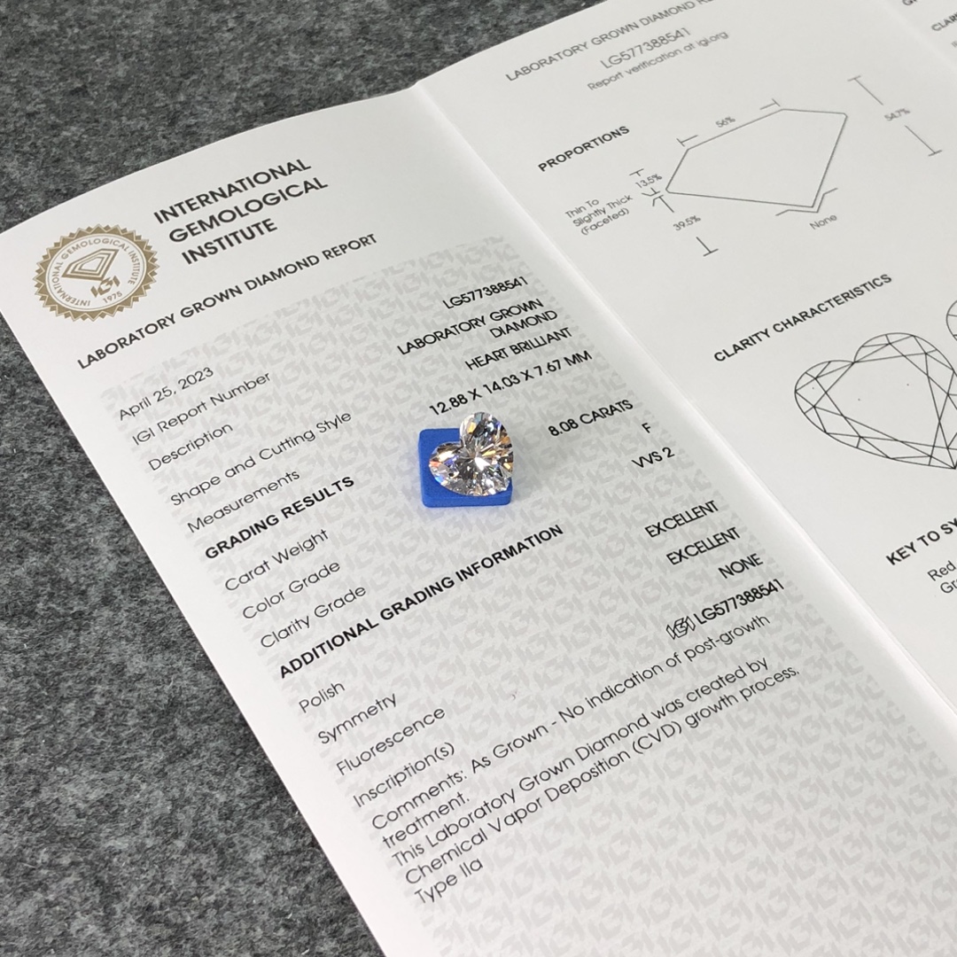 CVD Lab Grown Diamond Heart 8.08CT F VVS2 EX EX For Jewelry LG577388541 | Messi Jewelry 6