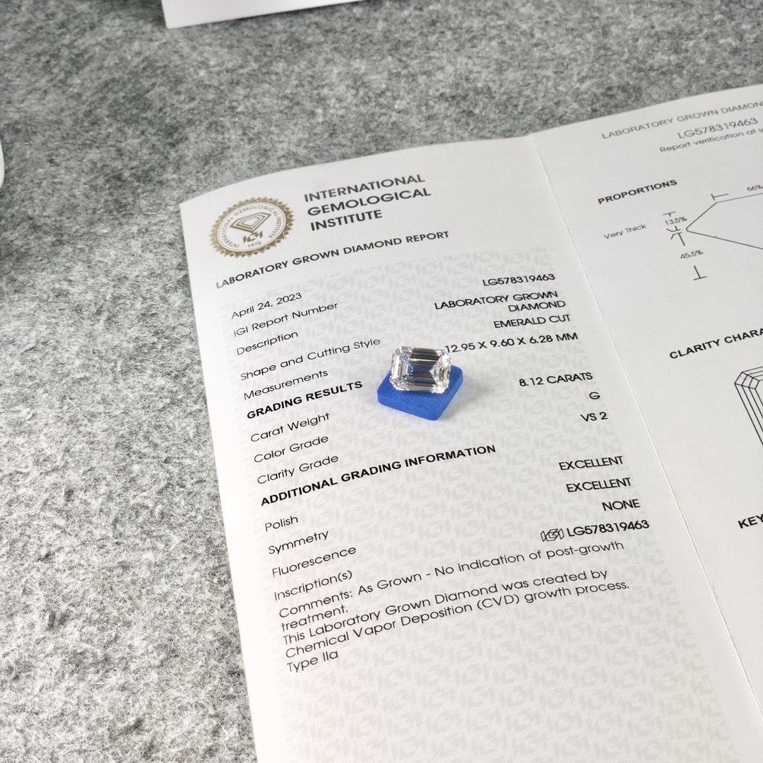 CVD Lab Grown Diamond Emerald Cut 8.12CT G VS2 EX EX LG578319463 | Messi Alahas 7
