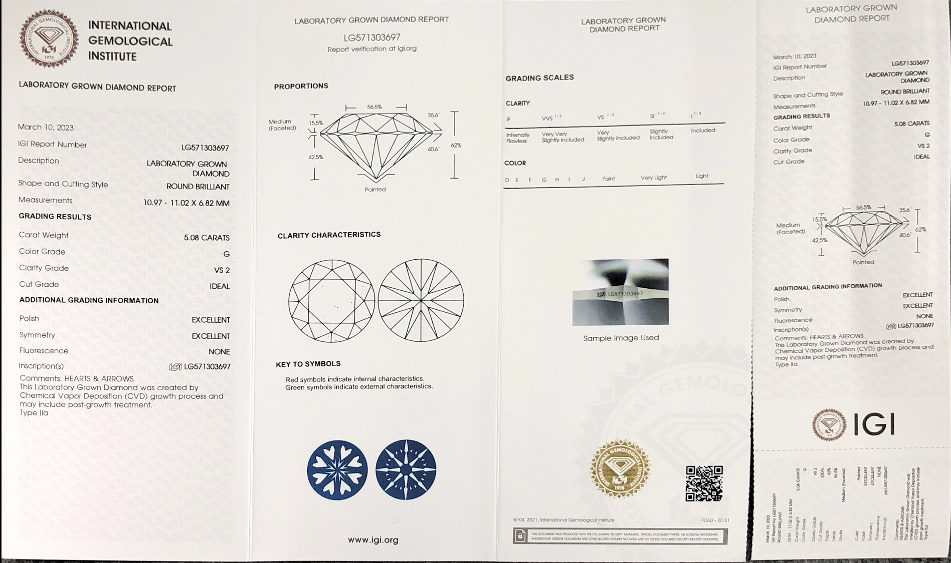 Messi Alahas Lab Diamond Round CVD LG571303697 5.08CT G VS2 ID EX EX 7