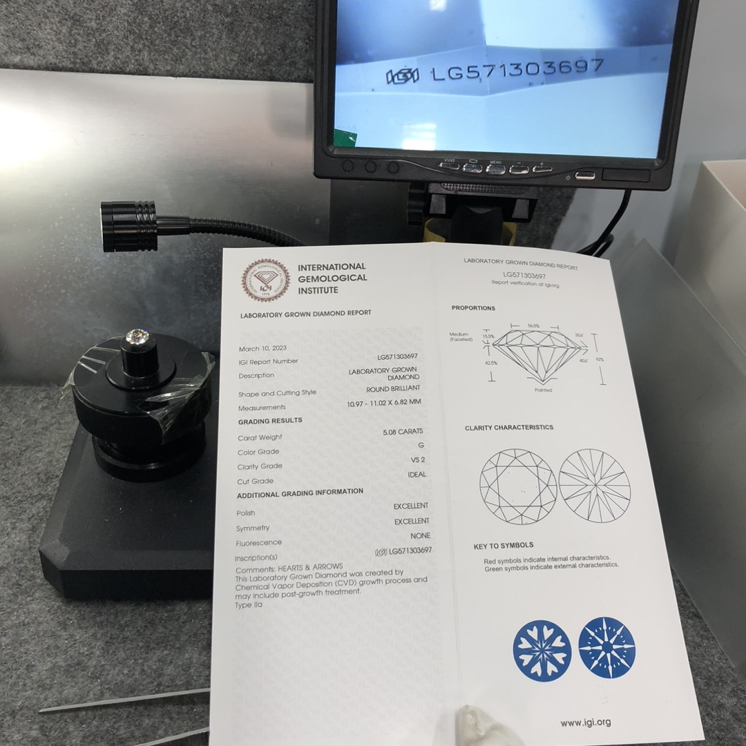 Messi Alahas Lab Diamond Round CVD LG571303697 5.08CT G VS2 ID EX EX 11