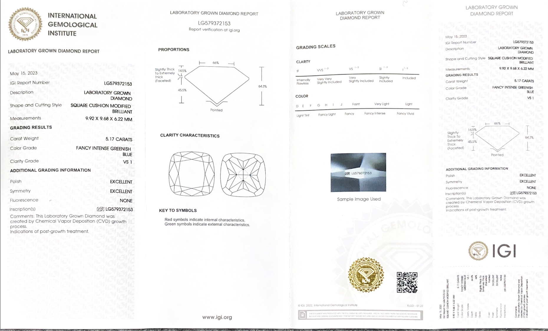 IGI Pretty 5.17CT Square Cushion Modified Brilliant Fancy Intense Greenish Blue VS1 EX EX CVD LG579372153 9