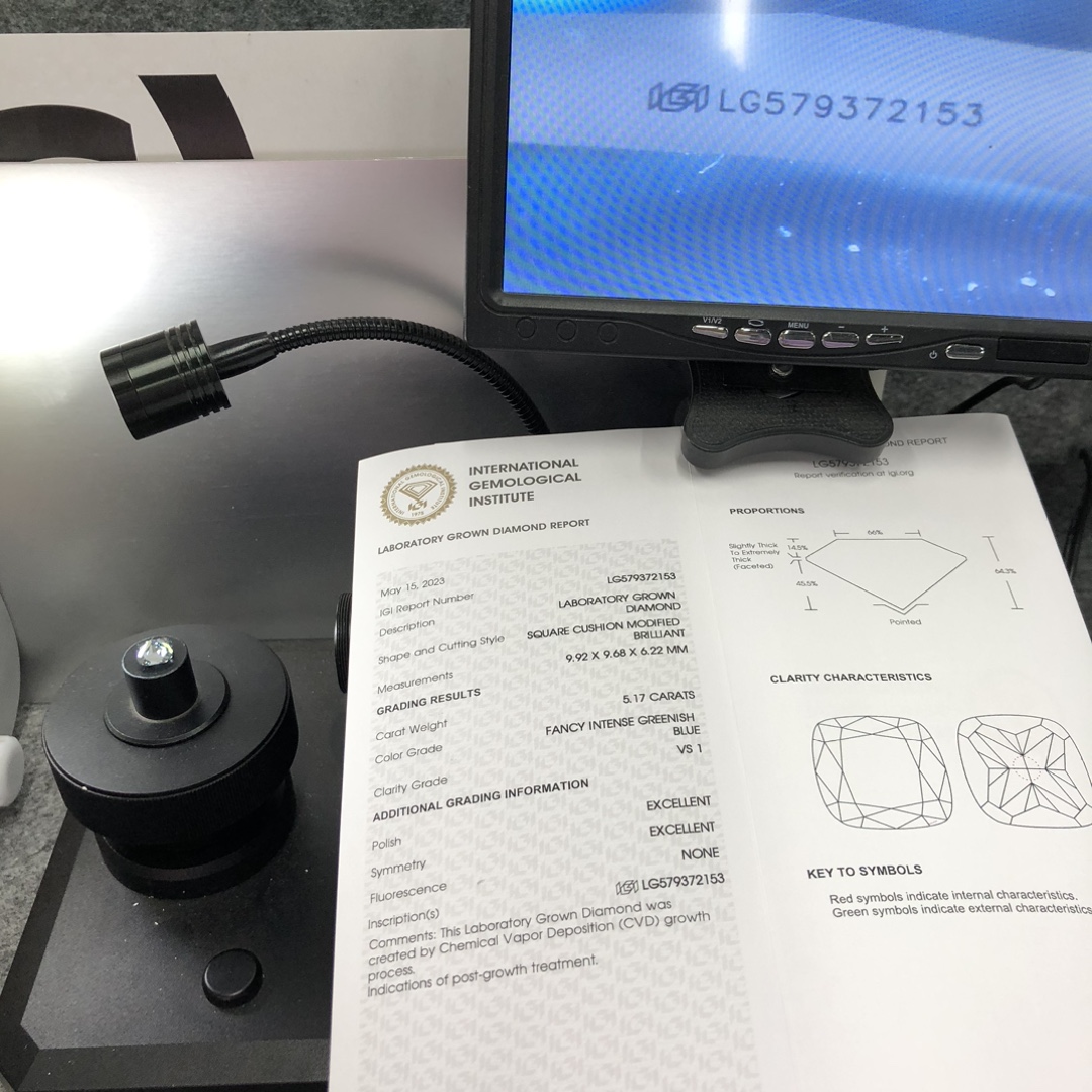 IGI Pretty 5.17CT Square Cushion Modified Brilliant Fancy Intense Greenish Blue VS1 EX EX CVD LG579372153 13