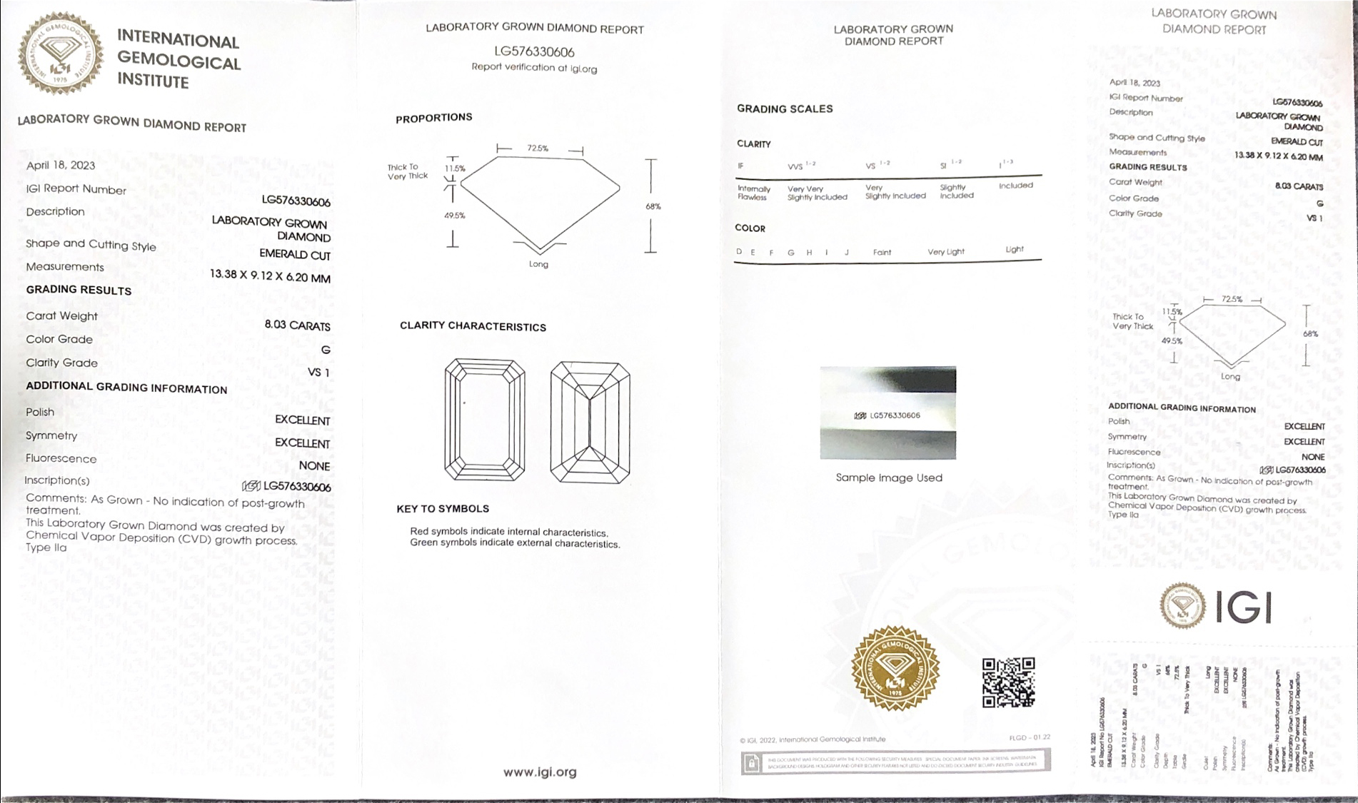 Emerald IGI Lab Grown Diamond 8.03CT G VS1 EX EX CVD LG576330606 8