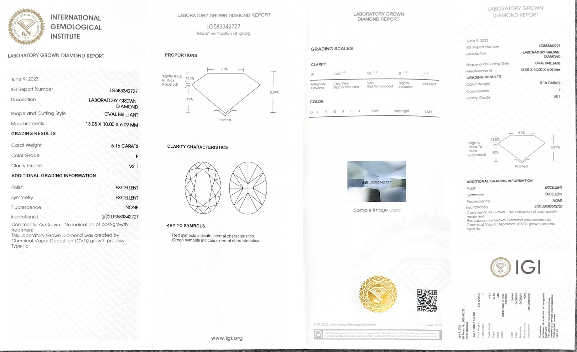IGI Oval White Lab Grown Diamond 5.16CT F VS1 CVD LG583342727 EX EX 8