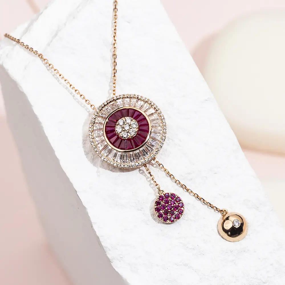 MSN-850 Fashion 18K Rose Gold Round Lab Grown Diamond&amp; Sapphire Pretty Necklace | Perhiasan Messi 1