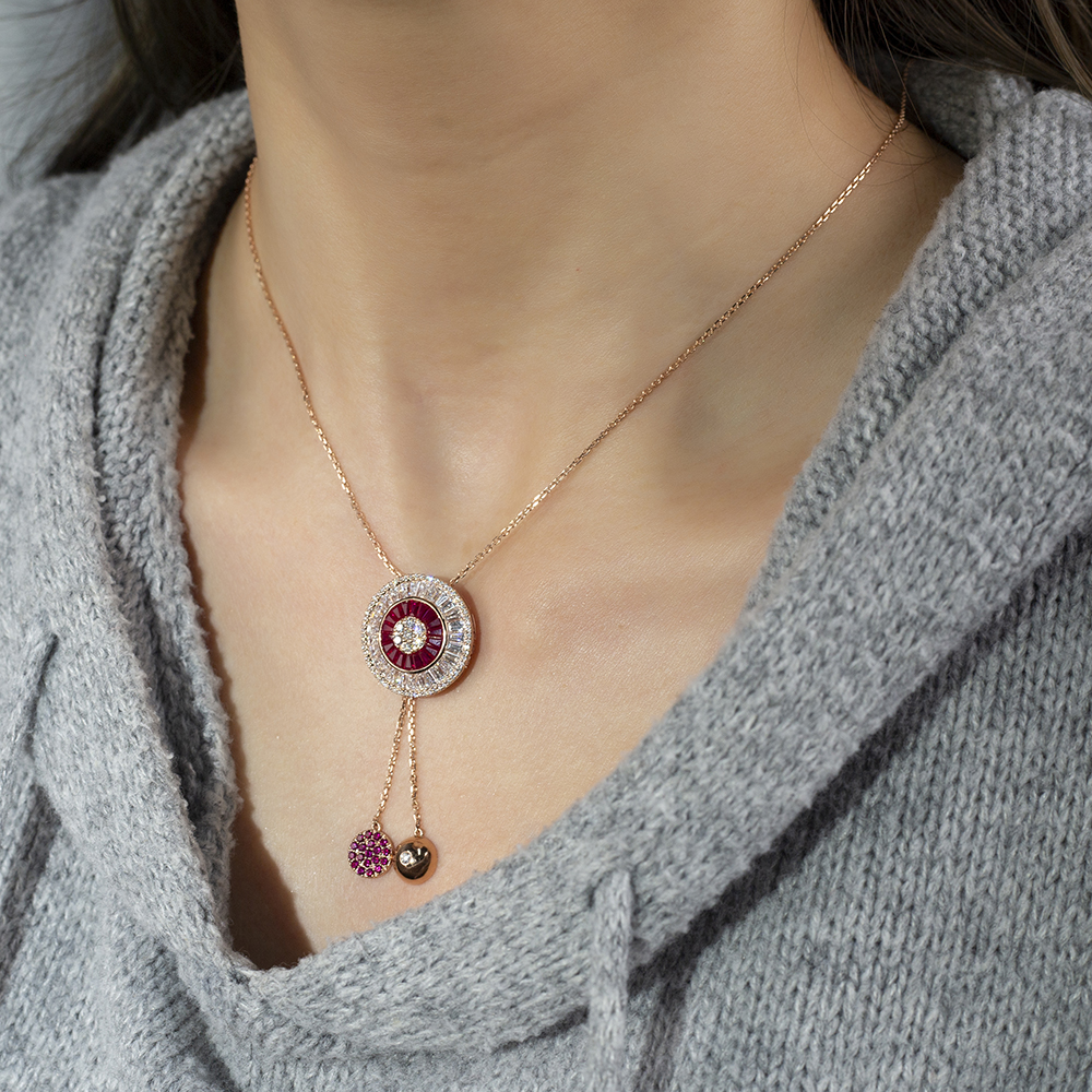 MSN-850 Fashion 18K Rose Gold Round Lab Grown Diamond& Sapphire Pretty Necklace | Messi Jewelry 19