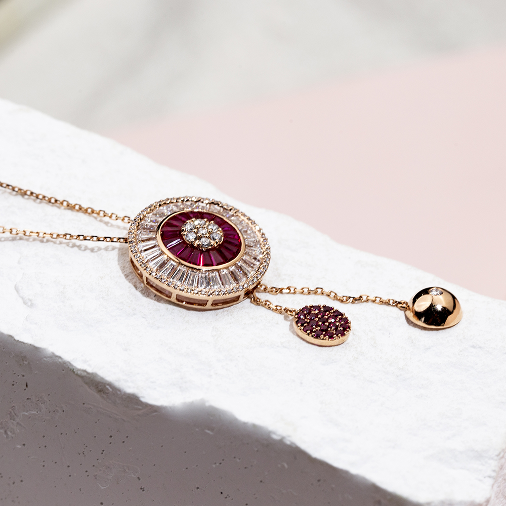 MSN-850 Fashion 18K Rose Gold Round Lab Grown Diamond& Sapphire Pretty Necklace | Messi Jewelry 15