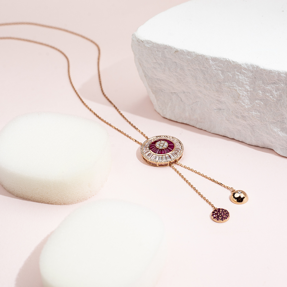 MSN-850 Fashion 18K Rose Gold Round Lab Grown Diamond& Sapphire Pretty Necklace | Messi Jewelry 13