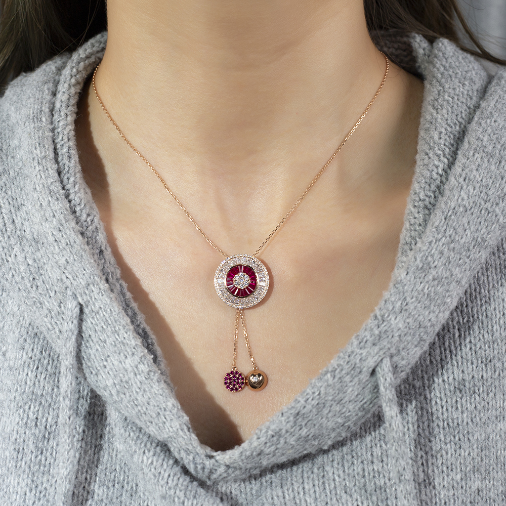 MSN-850 Fashion 18K Rose Gold Round Lab Grown Diamond& Sapphire Pretty Necklace | Messi Jewelry 18