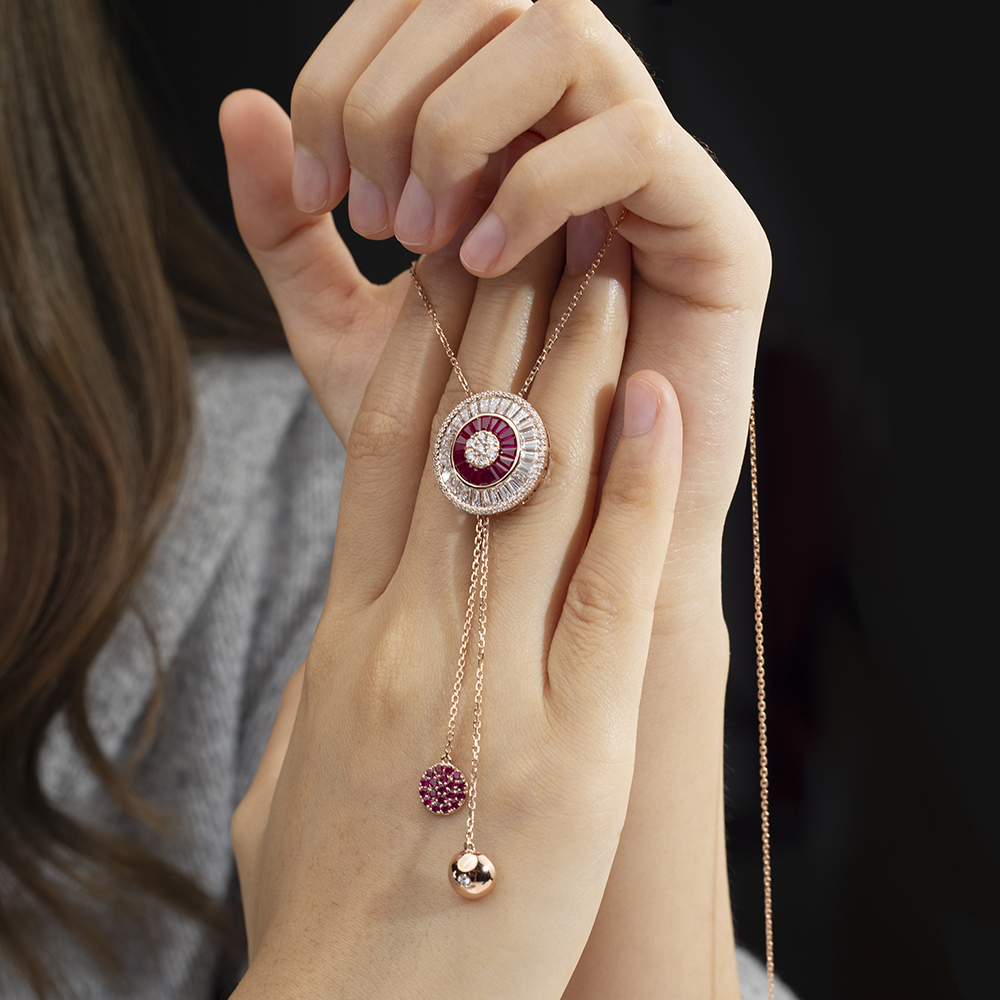 MSN-850 Fashion 18K Rose Gold Round Lab Grown Diamond& Sapphire Pretty Necklace | Messi Jewelry 17