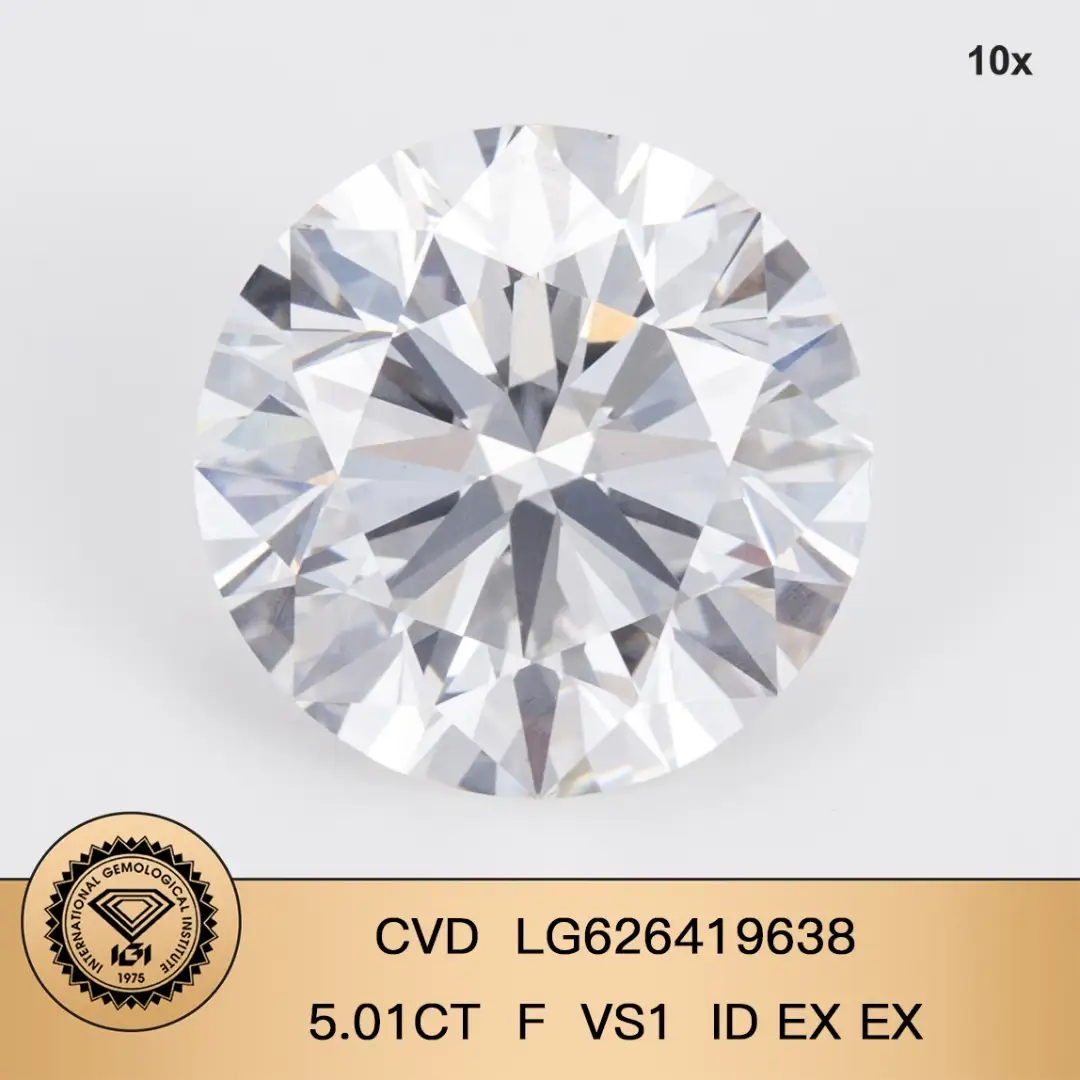 IGI Lab Grown Diamond CVD LG626419638 Round Brilliant 5.01ct F vs1 ID ex Ex 1