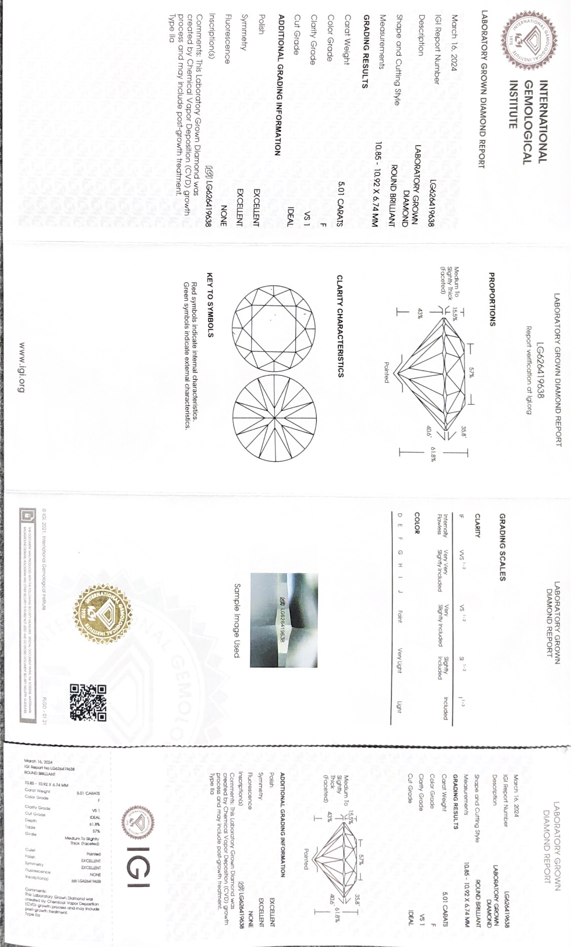 IGI Lab Grown Diamond CVD LG626419638 Round Brilliant 5.01CT F VS1 ID EX EX 8