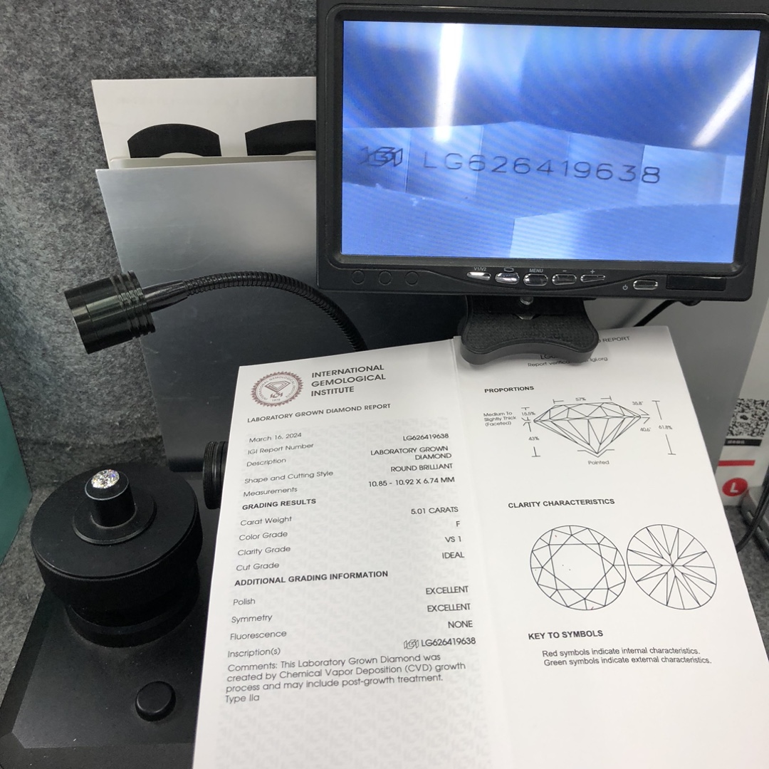 IGI Lab Grown Diamond CVD LG626419638 Round Brilliant 5.01CT F VS1 ID EX EX 12