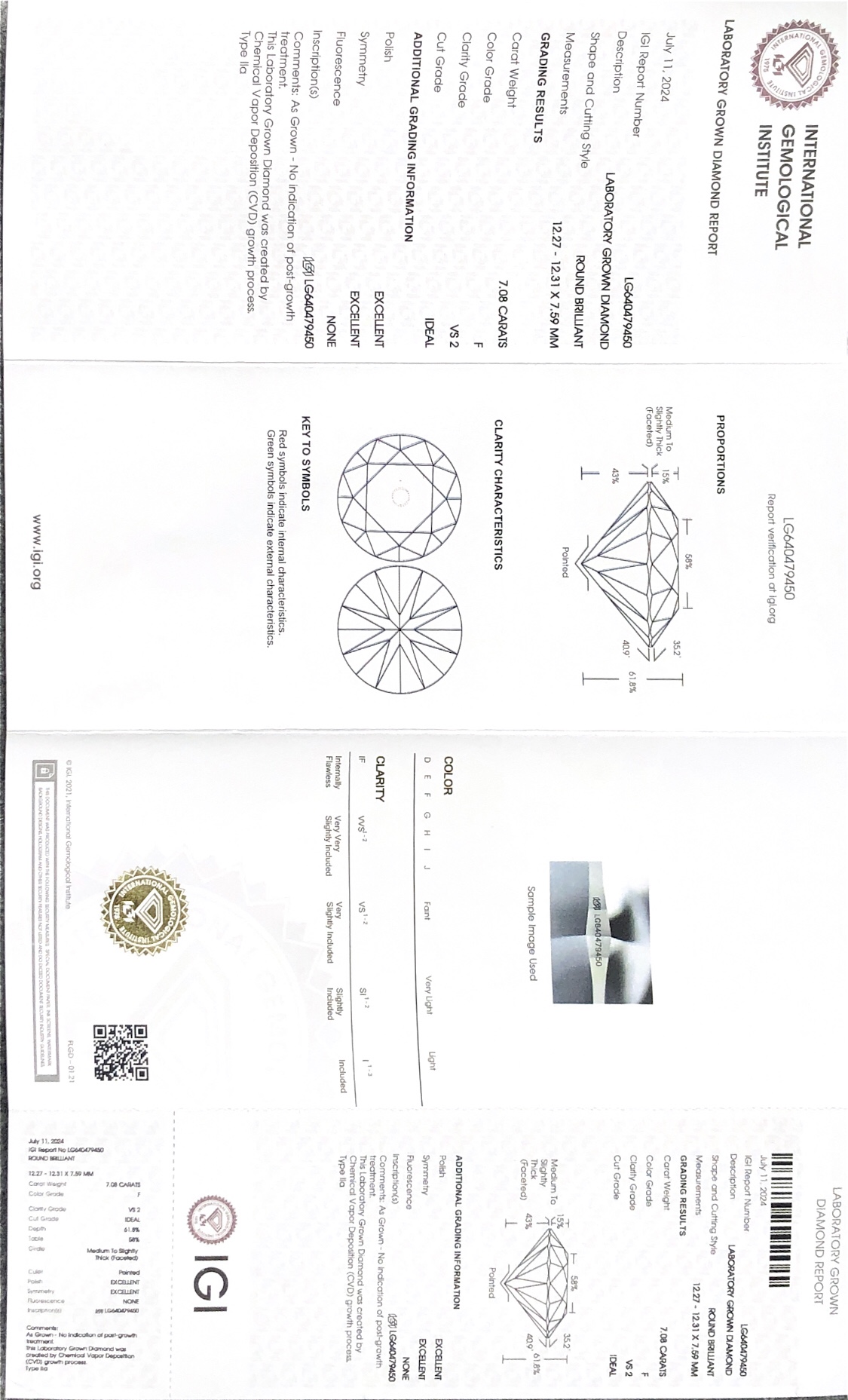 Pusingan Barang Kemas Messi 7.08CT F VS2 ID EX EX CVD Lab Diamond dengan sijil IGI LG640479450 8