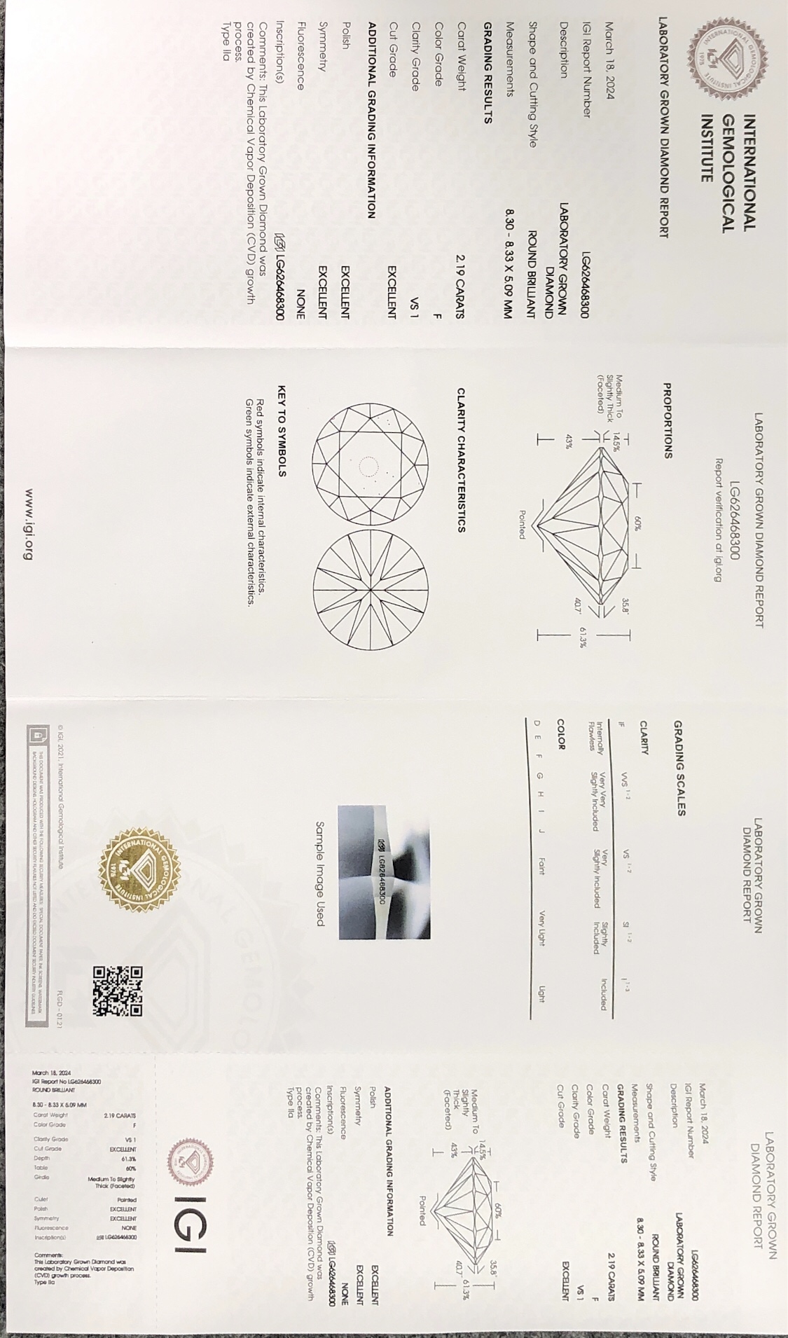 IGI Lab Gitubo nga Diamond Round Shape 2.19CT F VS1 3EX CVD LG626468300 8