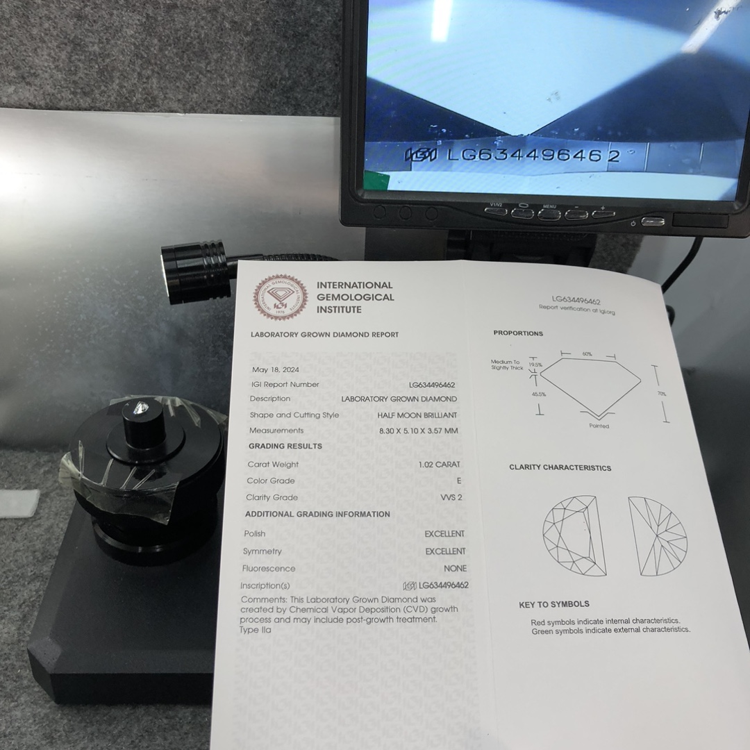 Messi Jewelry CVD Lab Diamond  LG634496462 HALF MOON BRILLIANT 1.02CT  E  VVS2  EX EX 11