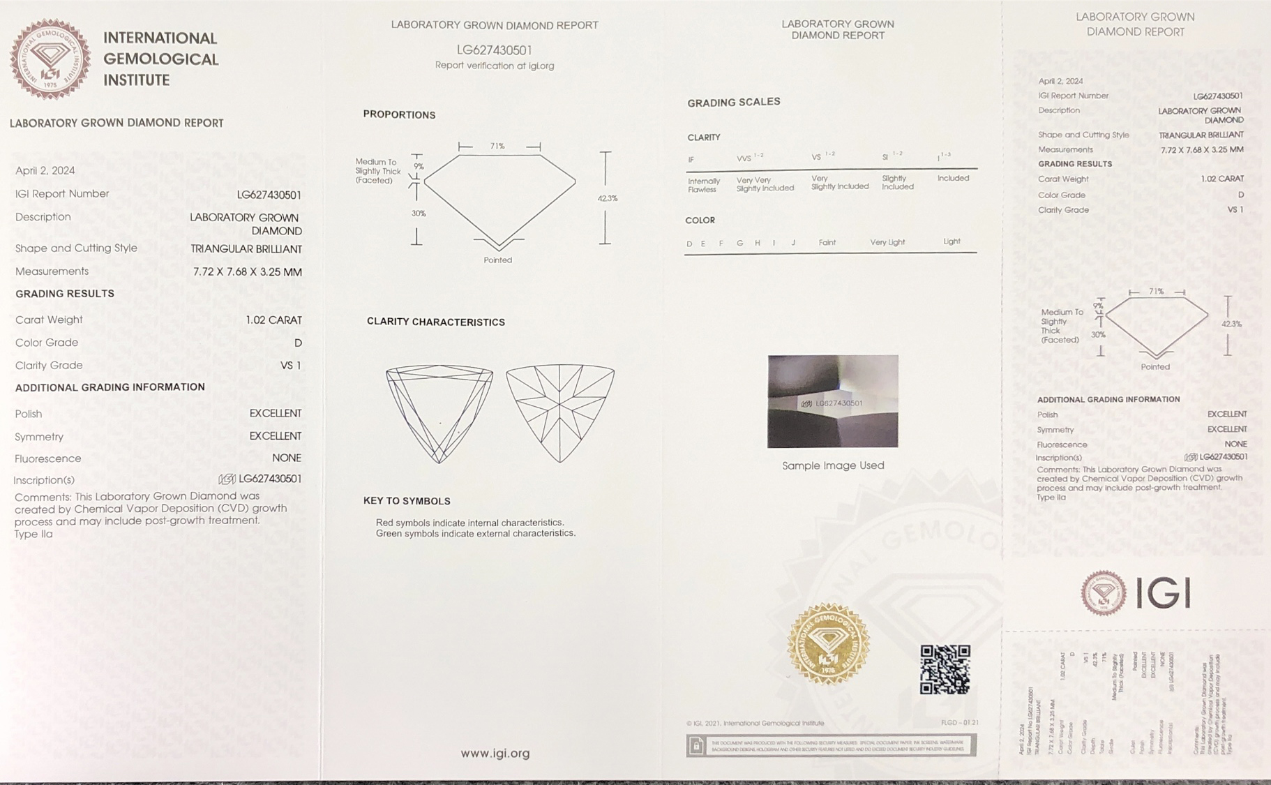 Messi Jewelry CVD Lab Diamond TRIANGULAR BRILLIANT 1.02CT D VS1 EX EX LG627430501 7