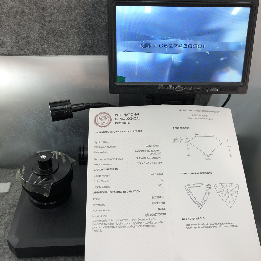 Messi  Jewelry  CVD Lab Diamond TRIANGULAR BRILLIANT 1.02CT  D  VS1  EX EX   LG627430501 11